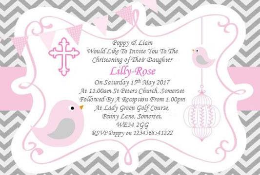 Pink, white and grey themed Christening & Baptism Invitation, beautiful in design and quality Ref C75