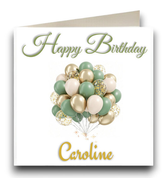 Personalised Celebration Sage Green & Gold Balloon Birthday Card Ref CB19