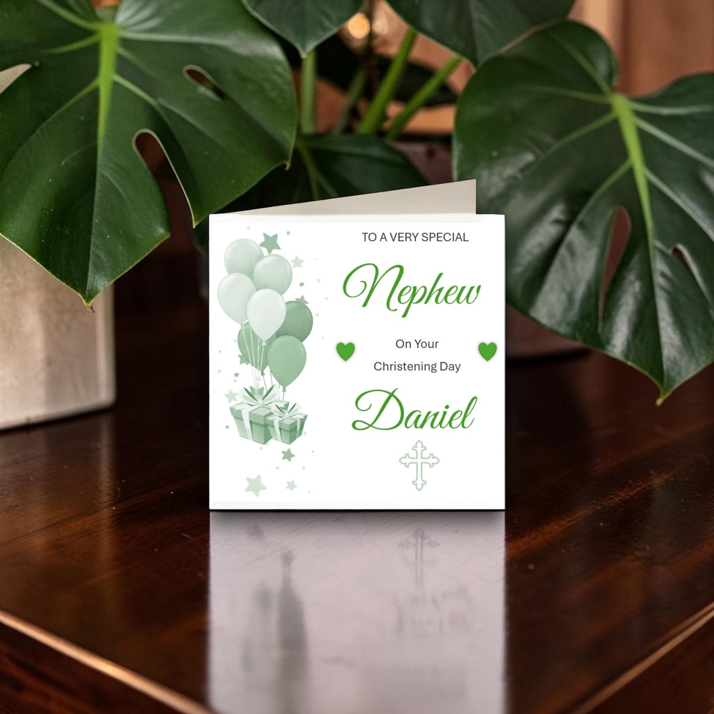 Personalised Christening Card Balloom Design Green & White - CD14
