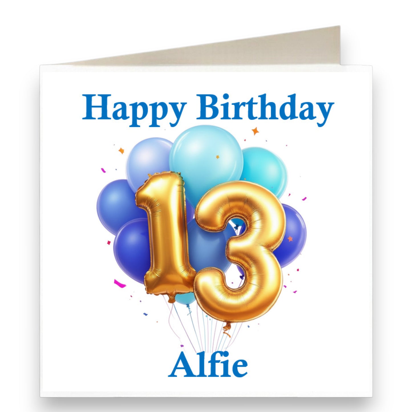 Personalised Multi Blue Balloons With Gold Numbers Birthday Card Ref CD4