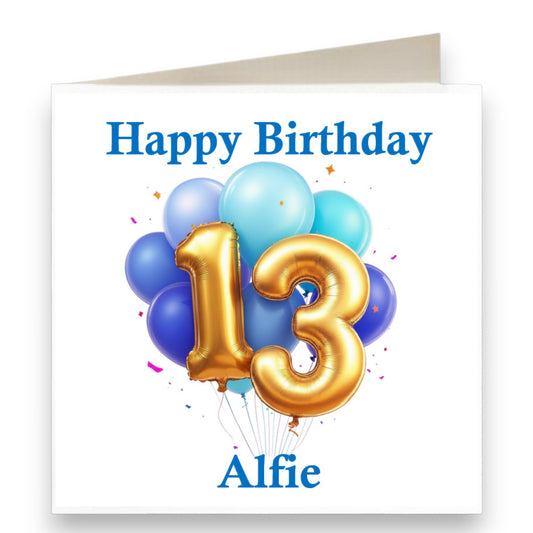 Personalised Multi Blue Balloons With Gold Numbers Birthday Card Ref CD4