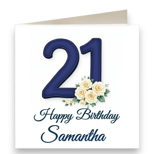 Personalised 21st Birthday Blue & White Birthday Card Ref CD7