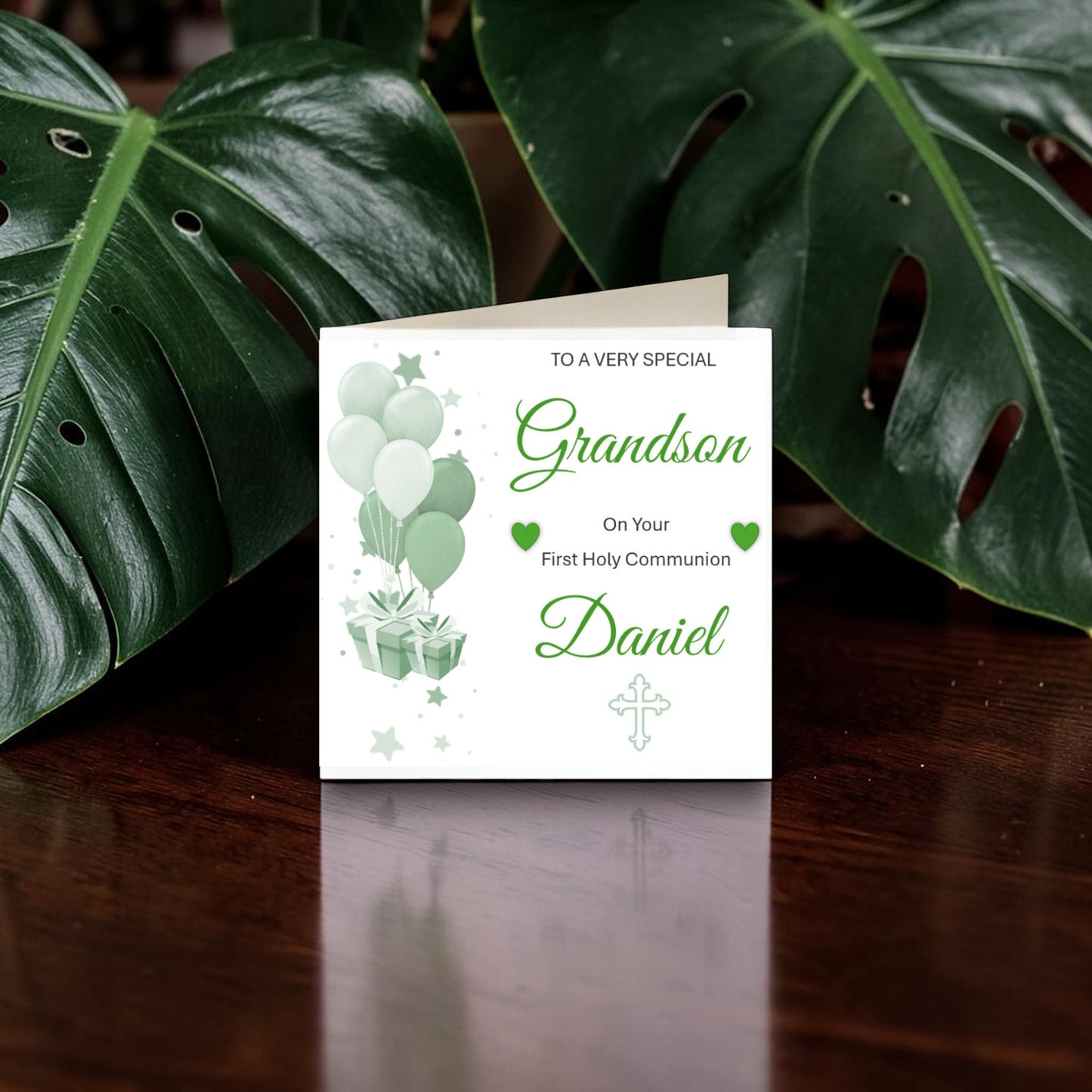 Personalised First Holy Communion Greeting Card Green and White Balloon Design - CH1