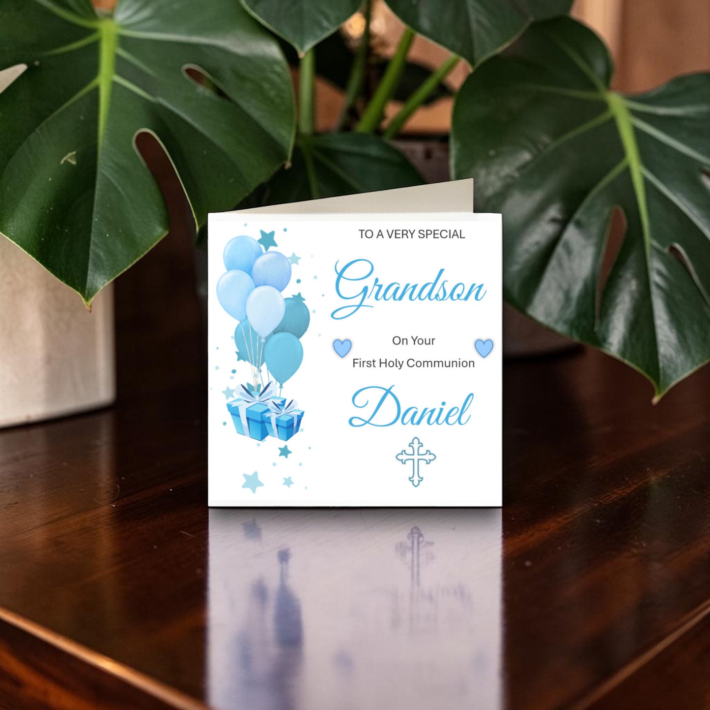 Personalised First Holy Communion Greeting Card Blue and White Balloon Design - CH3