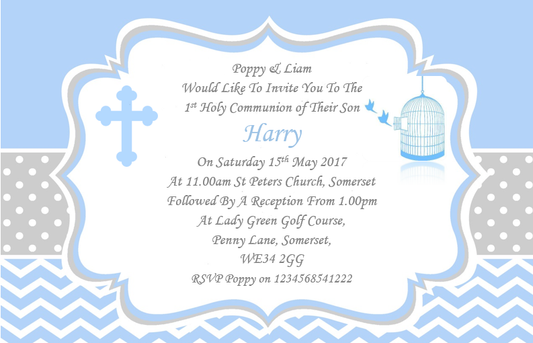 Stunning grey, Blue & white Holy Communion Invitation, Unique & timeless design Ref CM13