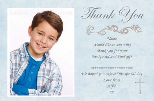 Unique Blue Holy Communion Thank you cards with photo on Ref CM3