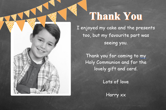 Funky Stylish Boys or Girls Holy Communion Thank you cards with photo on chalk board design Ref CM5