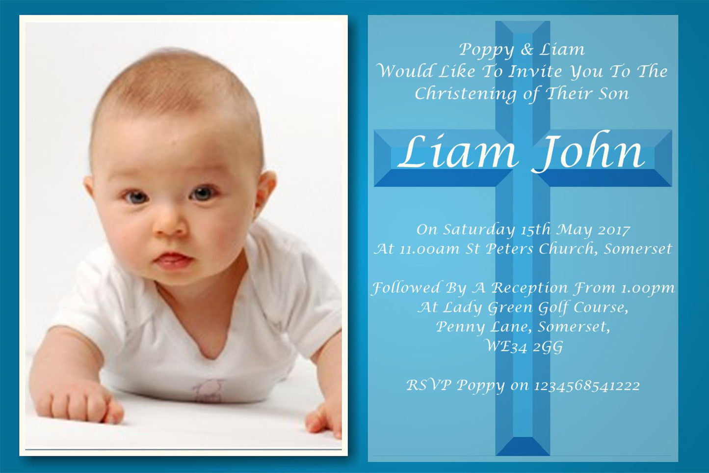 Beautiful Blue Christening & Baptism Invitation, a stunning invitation with a large photo of your child. Ref CH11