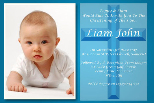 Beautiful Blue Christening & Baptism Invitation, a stunning invitation with a large photo of your child. Ref CH11