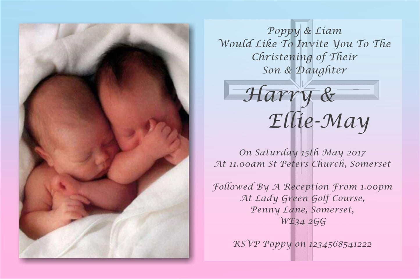 Beautiful Blue & Pink Christening & Baptism Invitation, a stunning invitation with a large photo of your child. Ref CH11 twins
