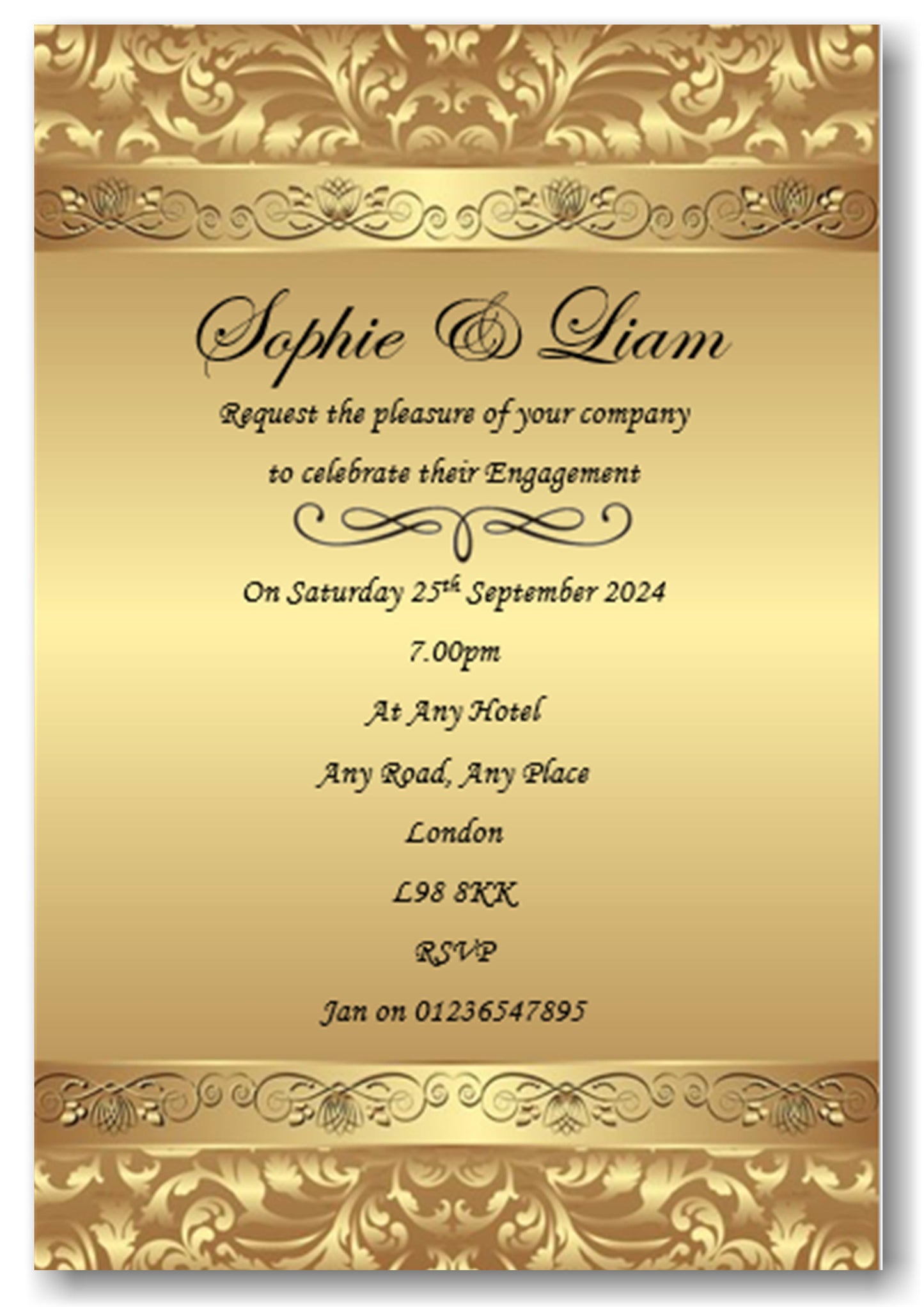 Beautiful Classy Engagement Invitation, gold style with clear fancy wording. Ref E14