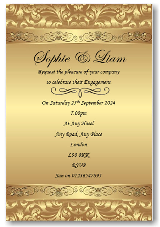 Beautiful Classy Engagement Invitation, gold style with clear fancy wording. Ref E14