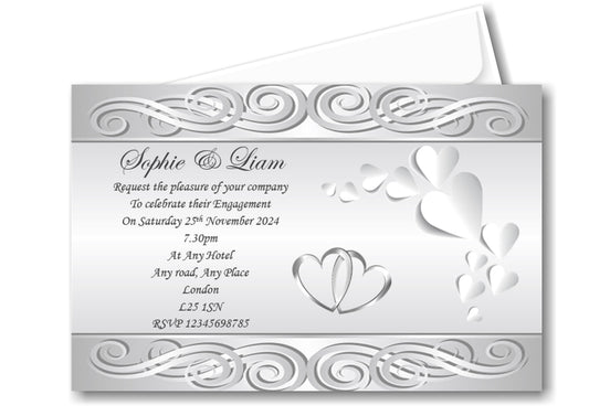 Beautiful silver/grey Engagement Invitation, a classy stylish design with clear fancy wording. Ref E9