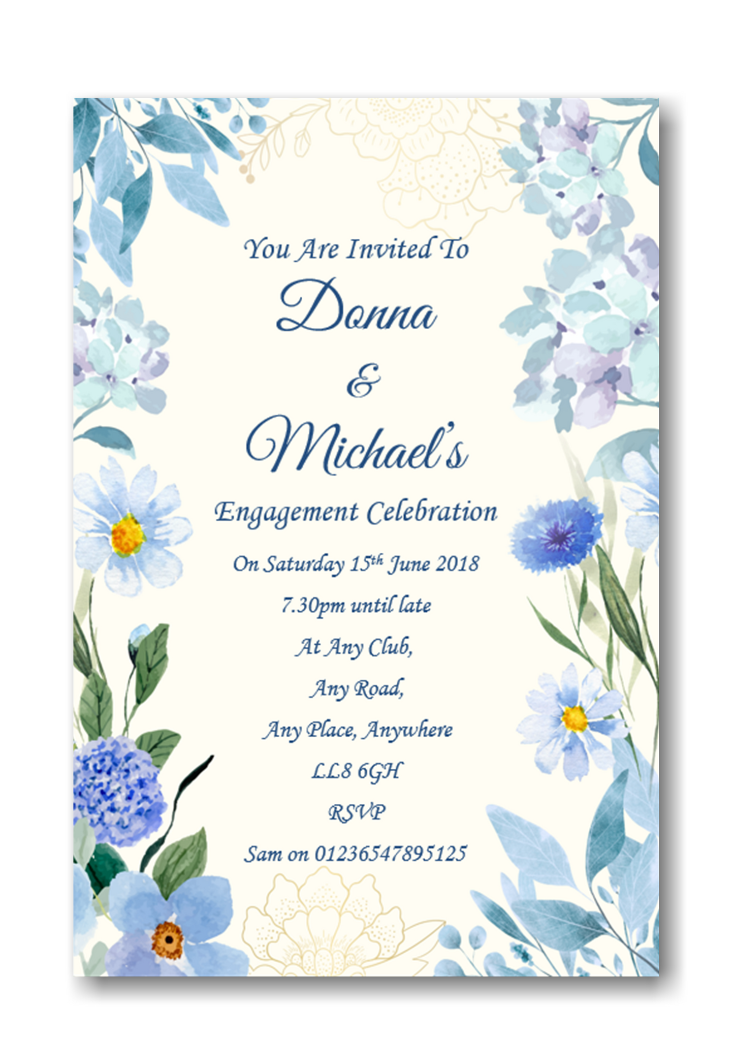Beautiful Blue Floral Engagement Invitations Ref EN81