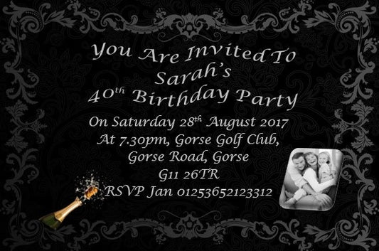 Black personalised birthday invitation with photo REF L12 can be made for any age & surprise can be added