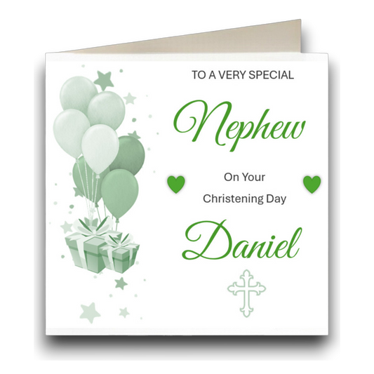 Personalised Christening Card Balloom Design Green & White - CD14