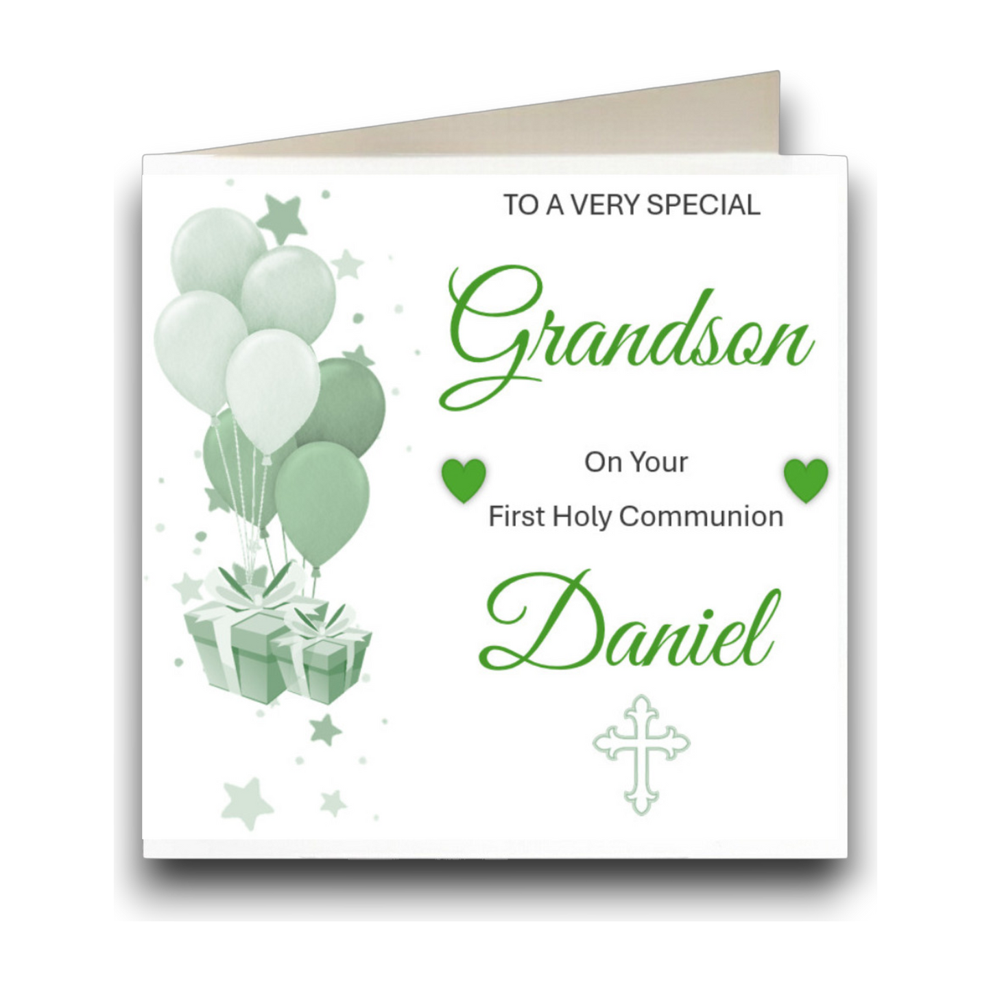 Personalised First Holy Communion Greeting Card Green and White Balloon Design - CH1