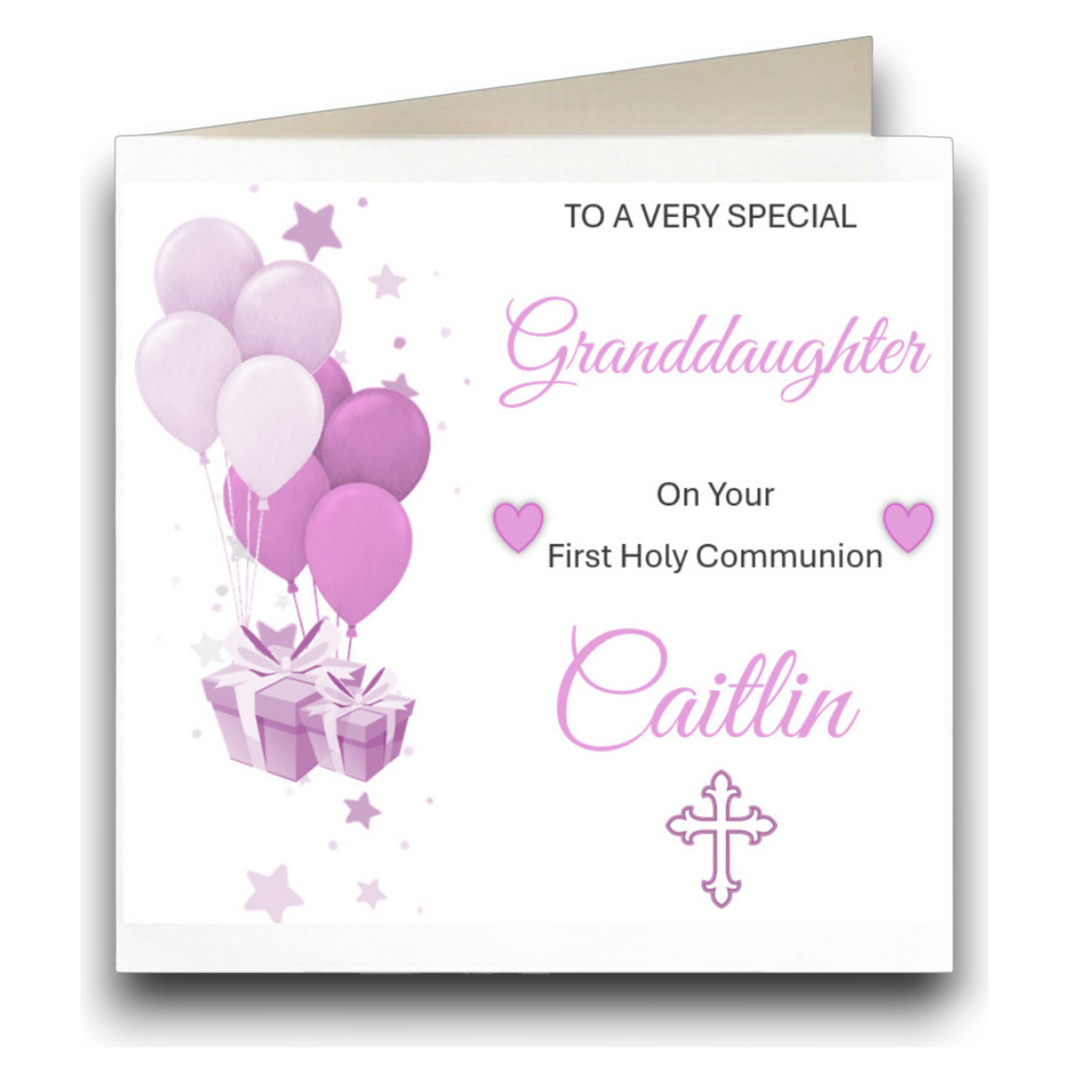 Personalised First Holy Communion Greeting Card Lilac and White Balloon Design - CH2