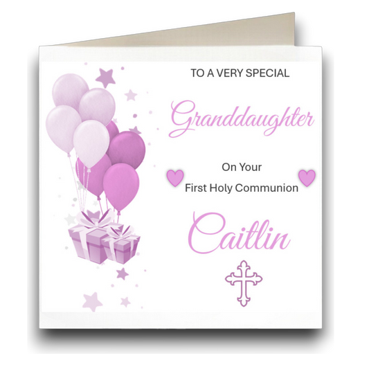 Personalised First Holy Communion Greeting Card Lilac and White Balloon Design - CH2