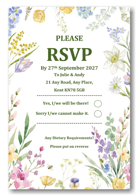 Personalised Wild Flower Wedding RSVP cards Ref RS6