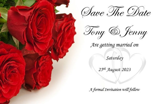 Save The Date Cards Ref SD3 a classic Red rose and love heart style