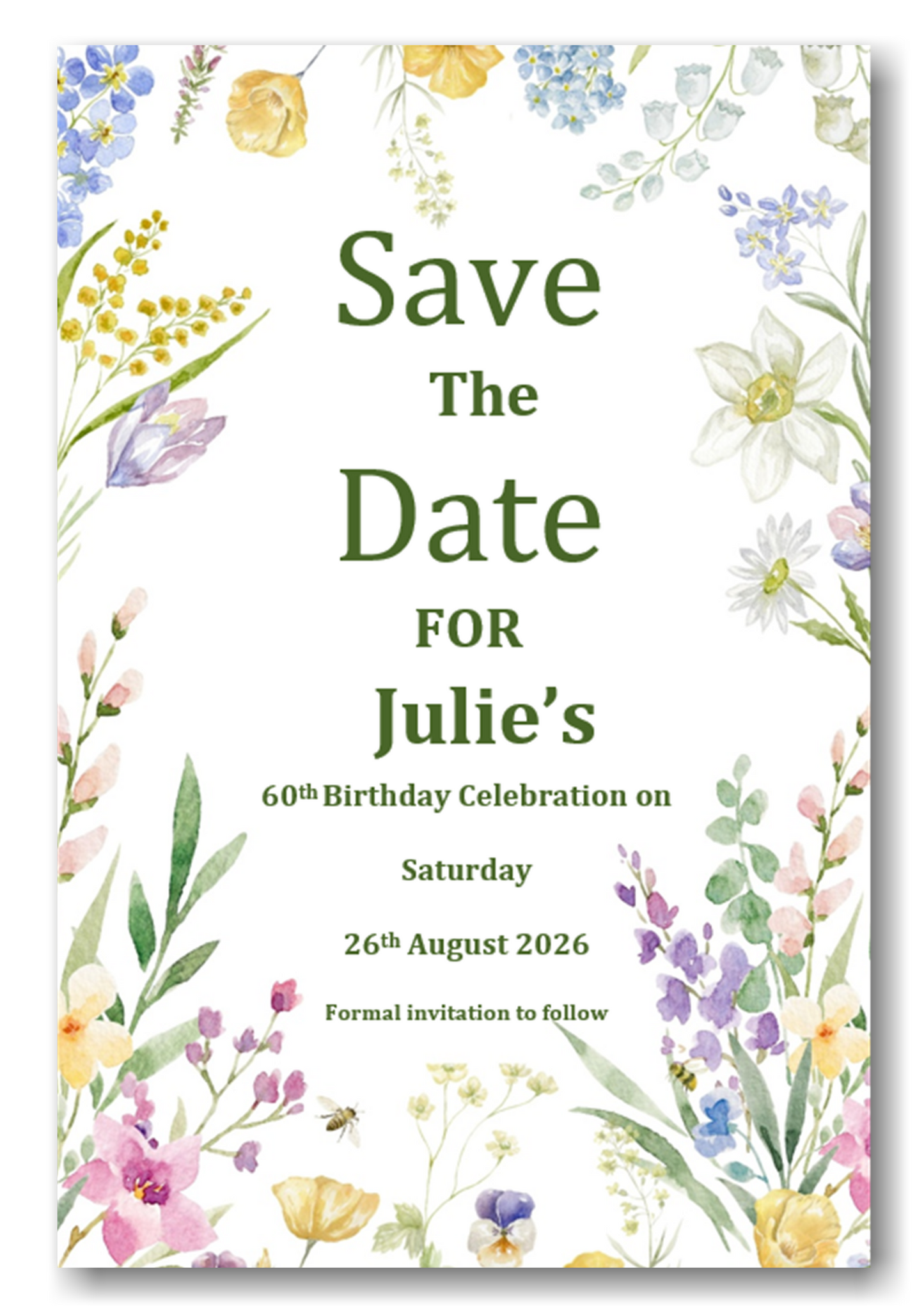 Personalised Wild Flower Floral Save The Date Cards - Birthdays - Christenings Ref SD57