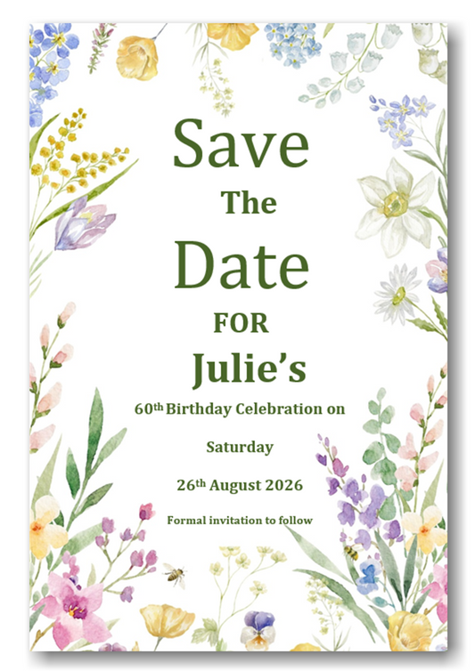 Personalised Wild Flower Floral Save The Date Cards - Birthdays - Christenings Ref SD57