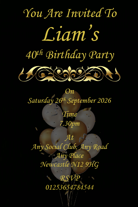 Personalised Black & Gold Birthday Party Invitations Ref BD18