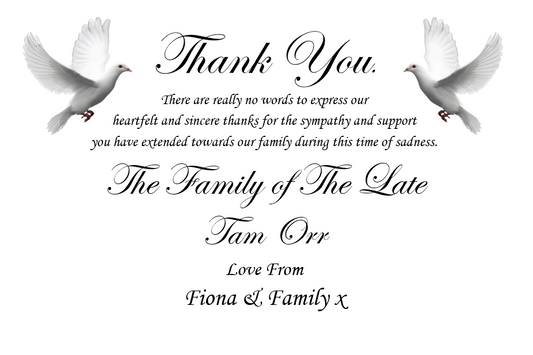 Beautiful Dove Funeral Thank You Card Design Ref TH22
