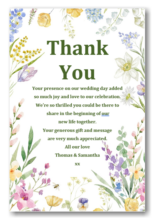 Beautiful Wild Flower Floral Wedding Thank You Cards Ref TH83