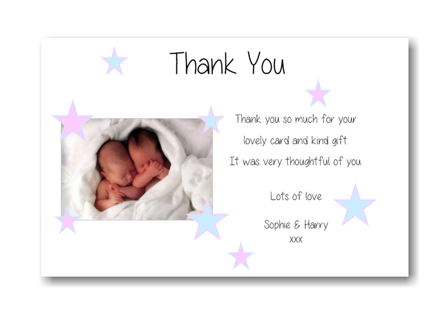 Beautiful Twins Boy & Girl Baby Thank You Cards, with photo a truly lovely way to say "Thank you for your babys gift & card" Ref TY7