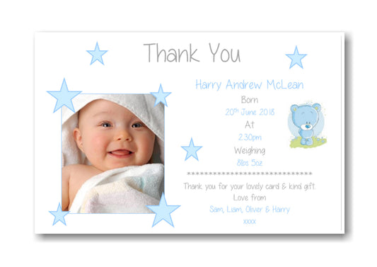 Beautiful Blue & White Baby Thank You Cards, with photo a truly lovely way to say "Thank you for your babys gift & card" Ref TY9