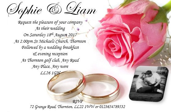 Wedding Day Invitation Ref W10 Pink rose with wedding rings & photo