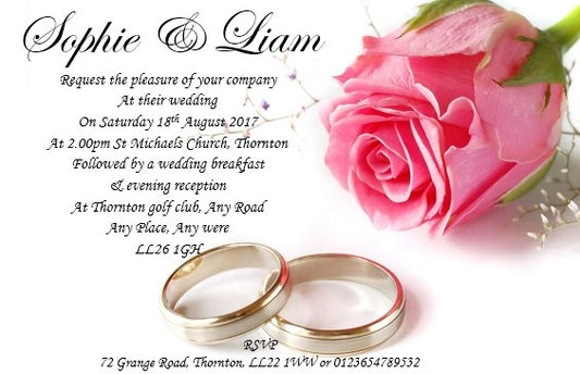 Wedding Day Invitation Ref W11 Pink rose with wedding rings