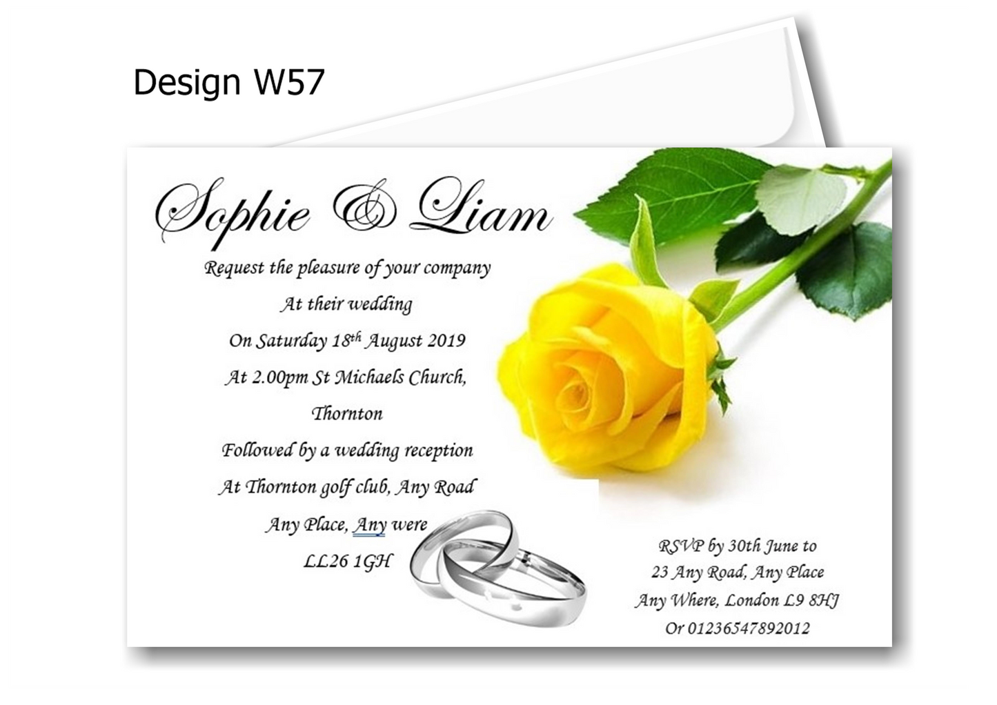 Wedding Day Invitation Ref W57 White with yellow/lemon rose single stem simple but stunning