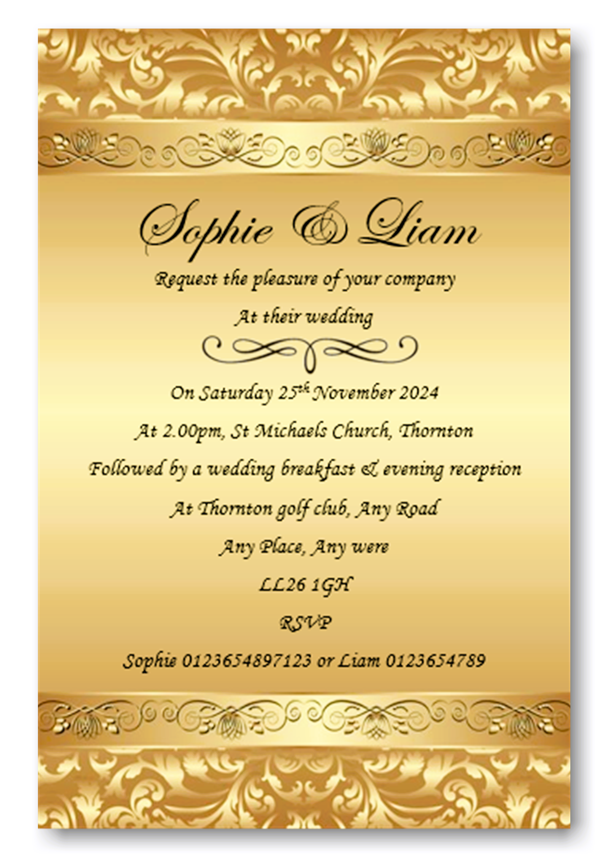 Personalised Stunning Gold Wedding Day Invitations Ref WD73