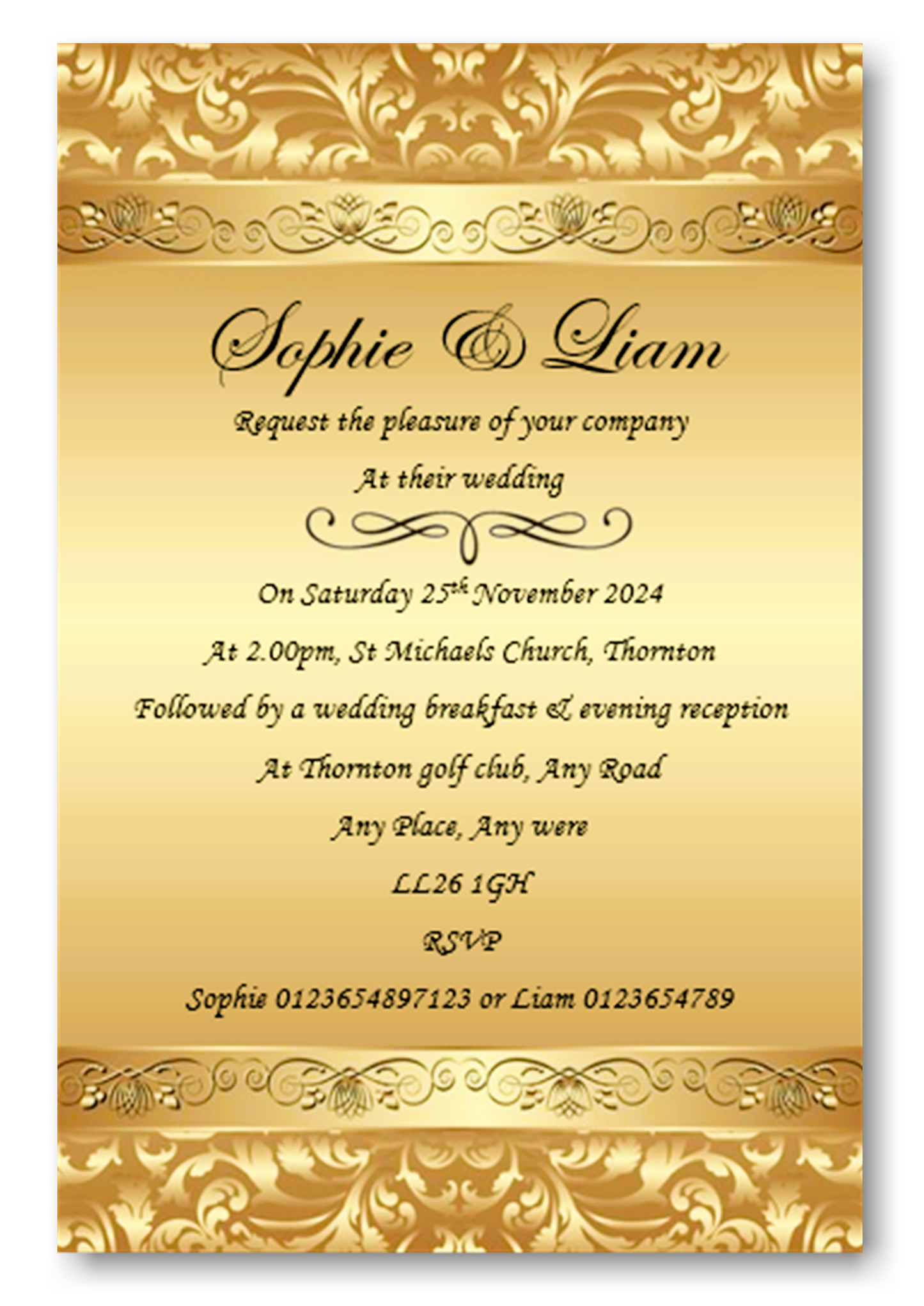 Personalised Stunning Gold Wedding Day Invitations Ref WD73