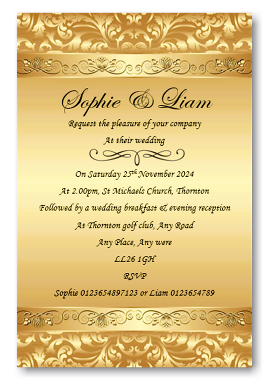 Personalised Stunning Gold Wedding Day Invitations Ref WD73