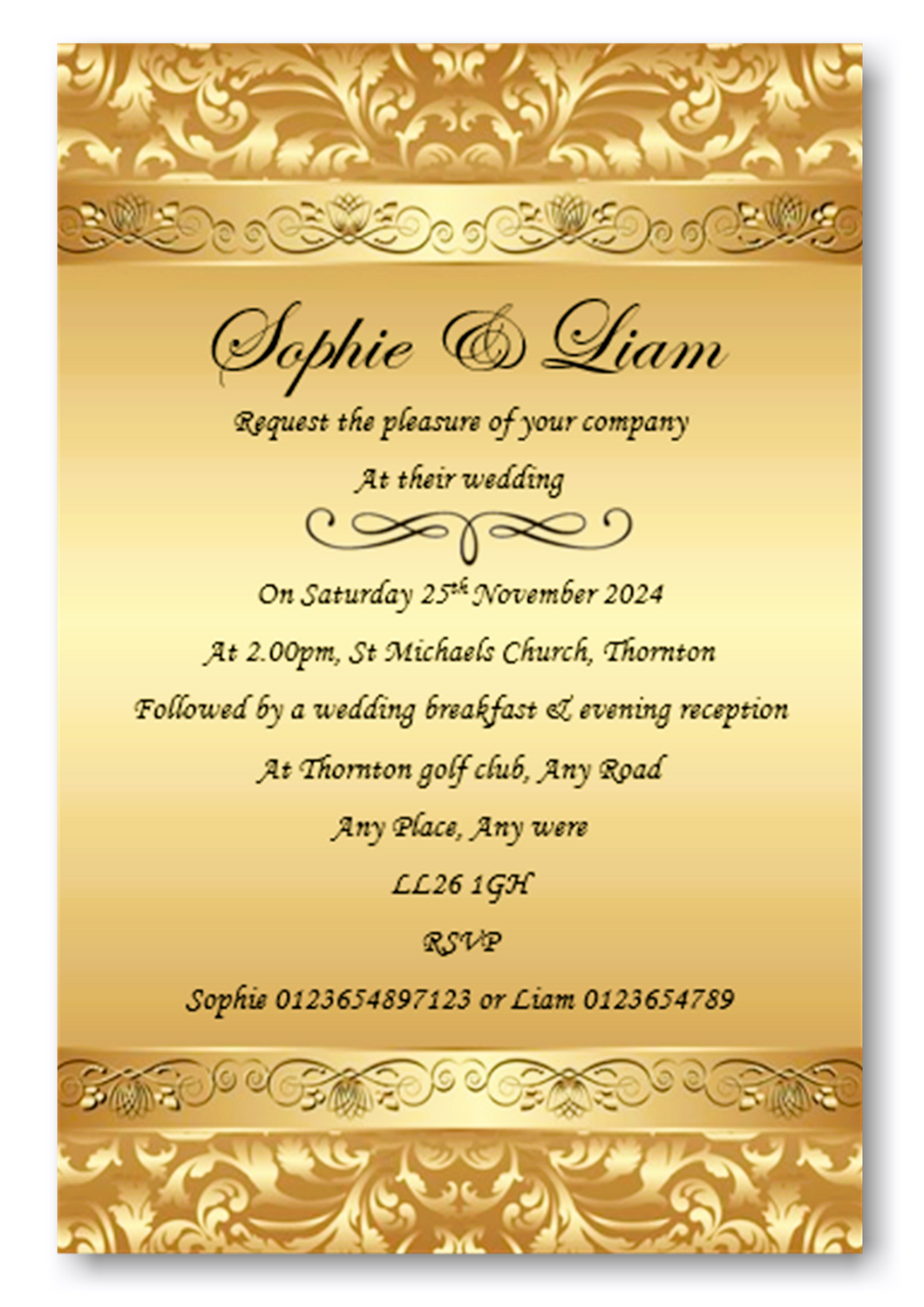 Personalised Stunning Gold Wedding Day Invitations Ref WD73