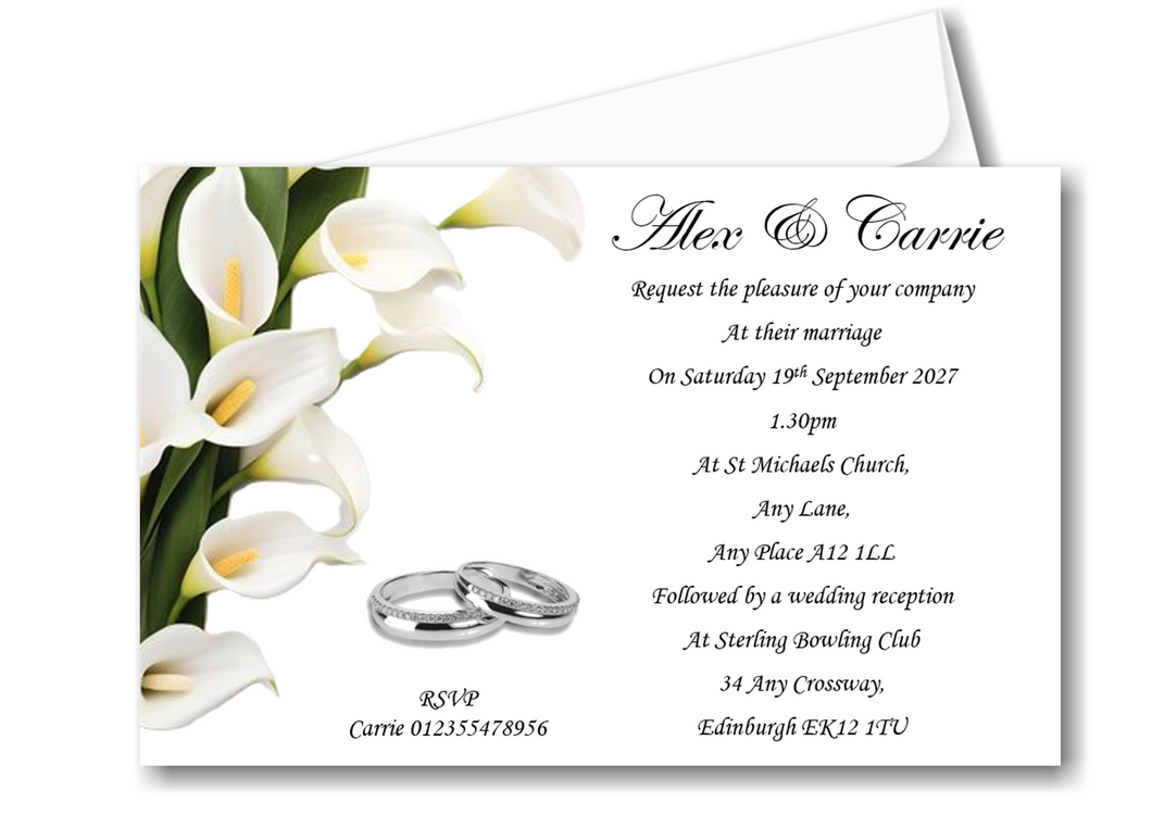Personalised Beautiful Calla Lily Wedding Day Invitations Ref WD76