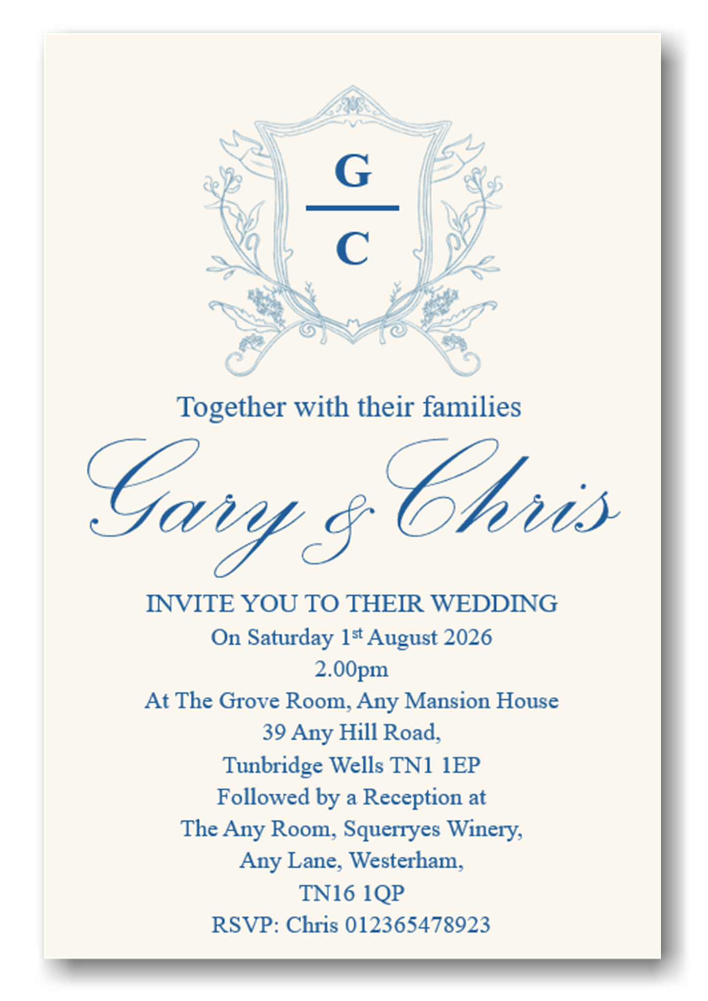 Personalised Cream & Blue Wedding Day Invitations Ref WD77