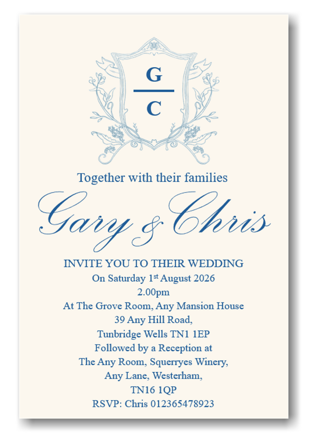 Personalised Cream & Blue Wedding Day Invitations Ref WD77