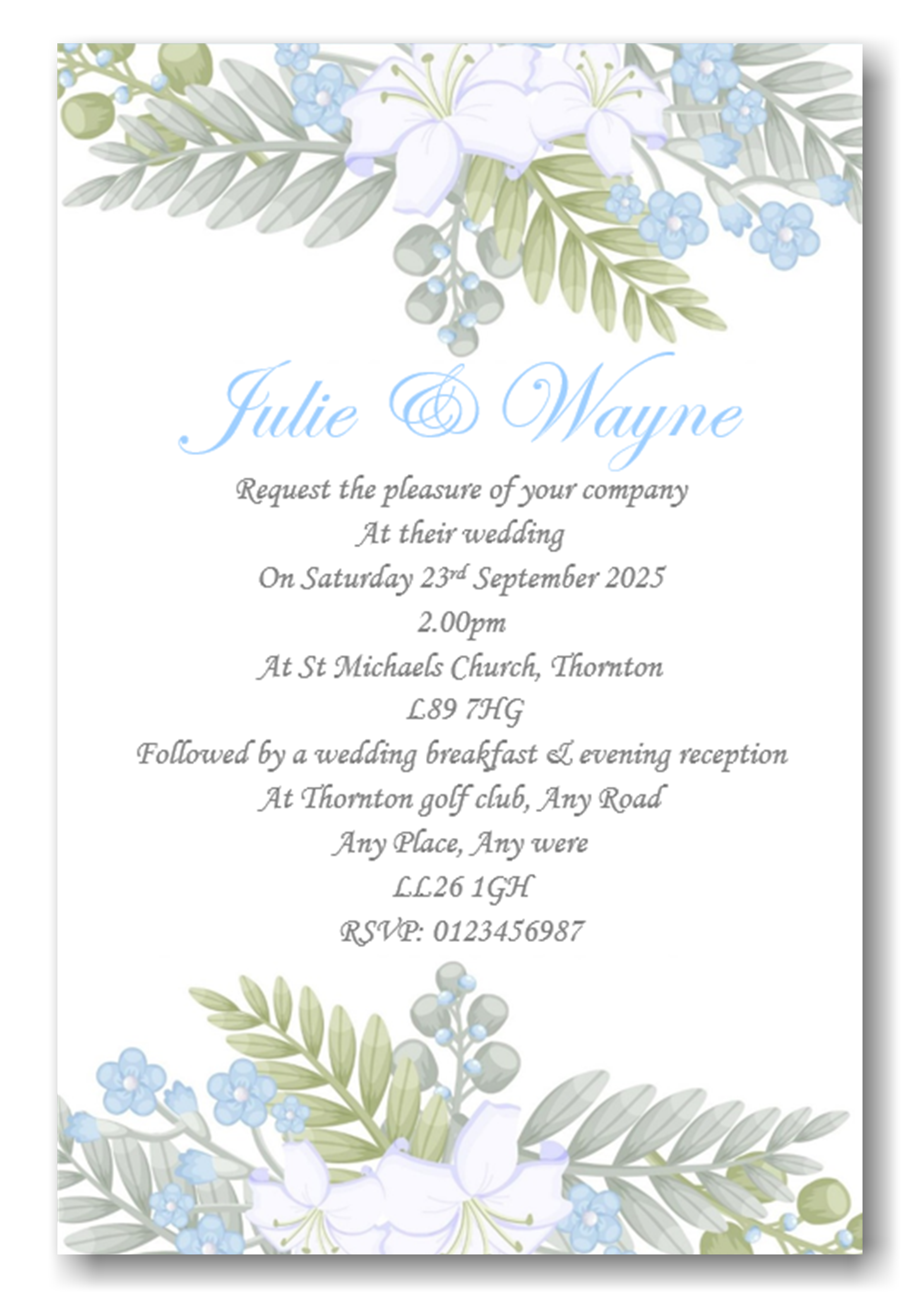 Personalised Stylish Pastal Floral Wedding Day Invitations Ref WD78