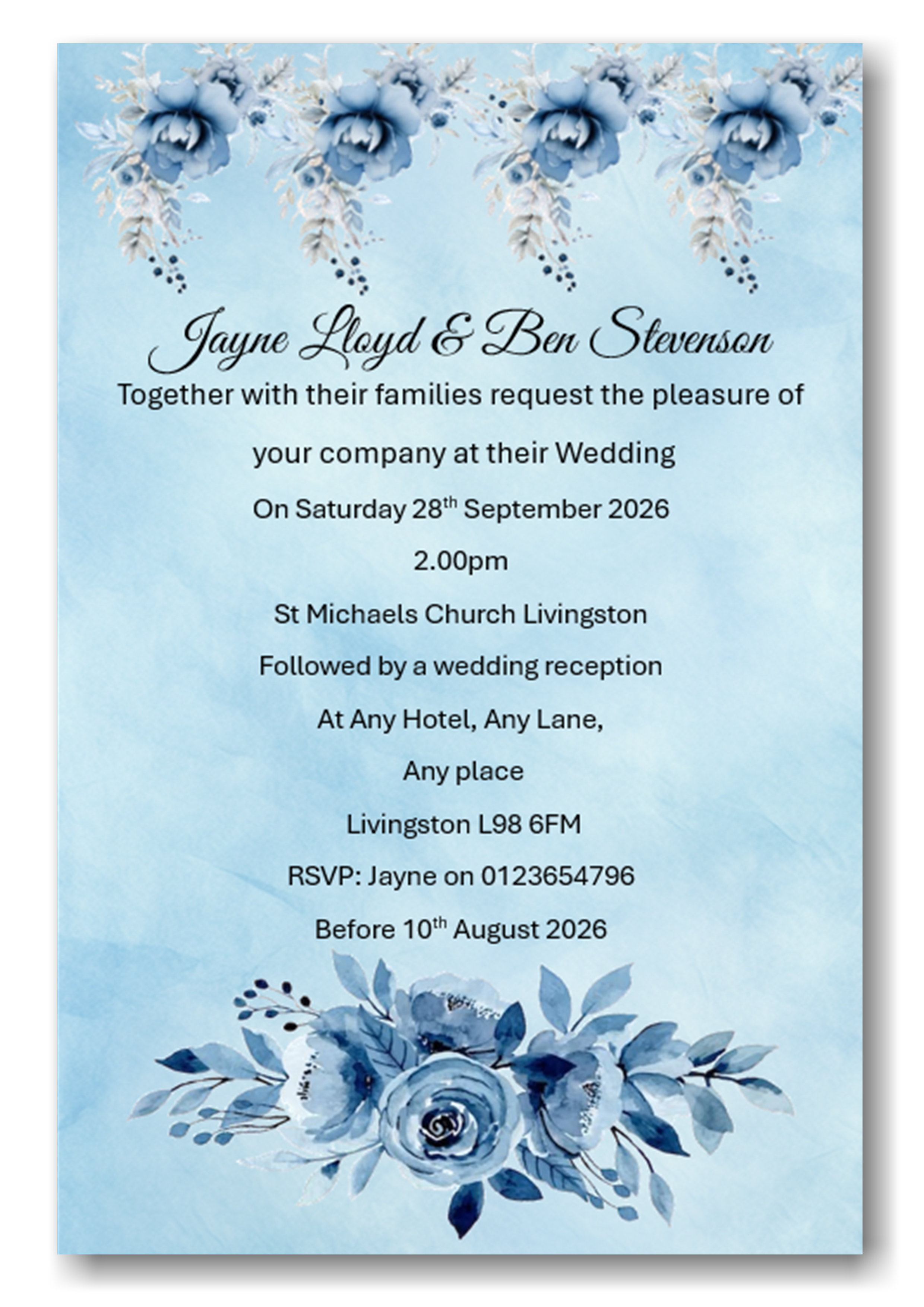 Personalised Blue Floral Wedding Day Invitations Ref WD79