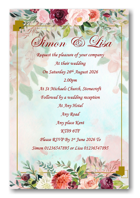 Personalised Beautiful Floral Wedding Day Invitations Ref WD80