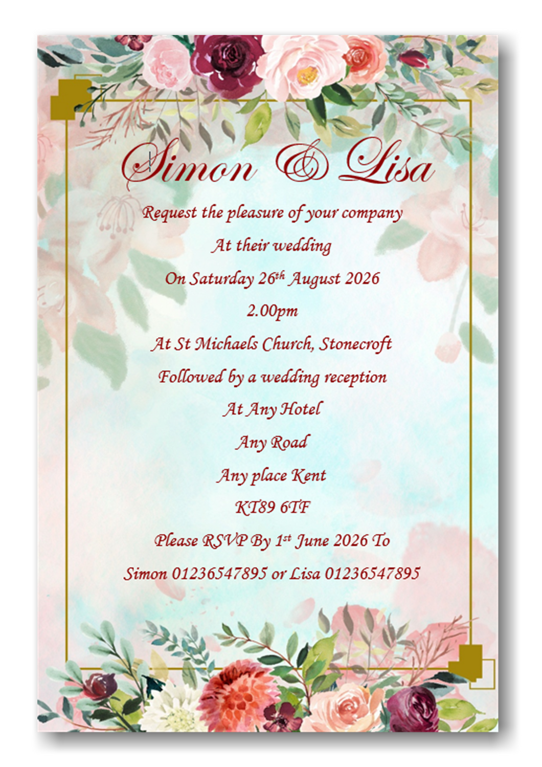 Personalised Beautiful Floral Wedding Day Invitations Ref WD80