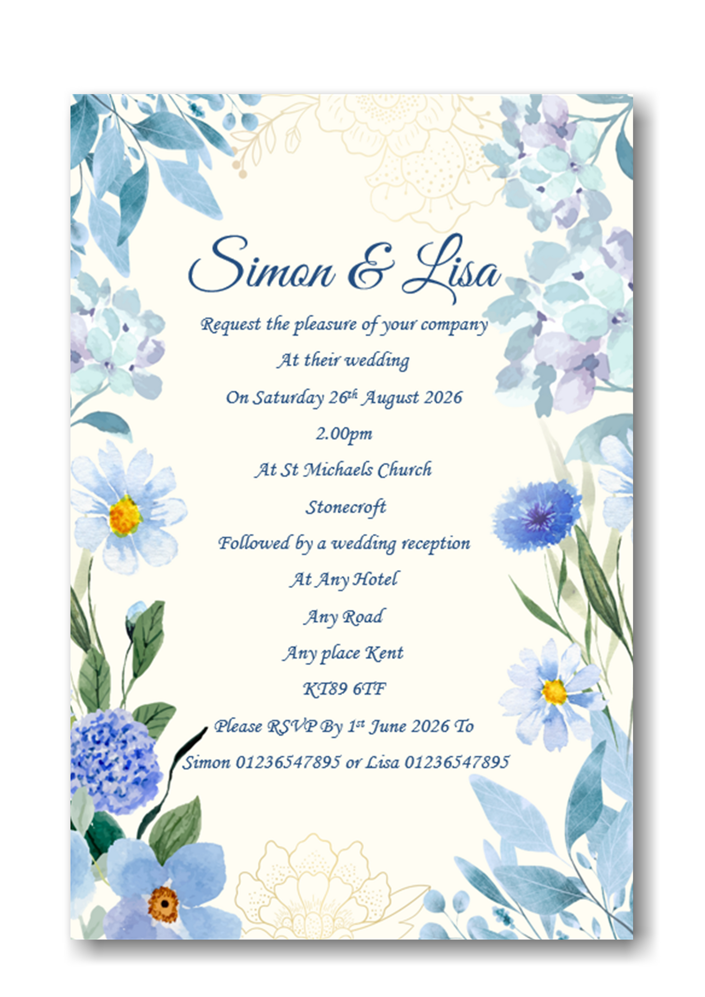 Beautiful Blue Floral Wedding Day Invitation Ref WD81