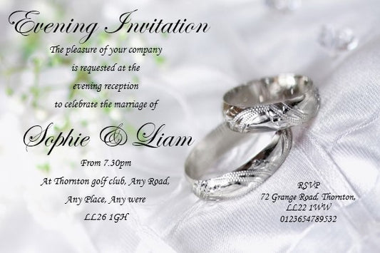 Wedding Evening Invitation Ref WE12 Silver/grey design wedding rings on