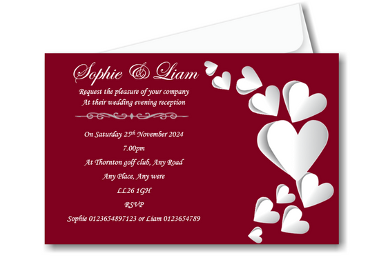 Stunning Deep Red With Hearts On Wedding Evening Invitation Ref WE70