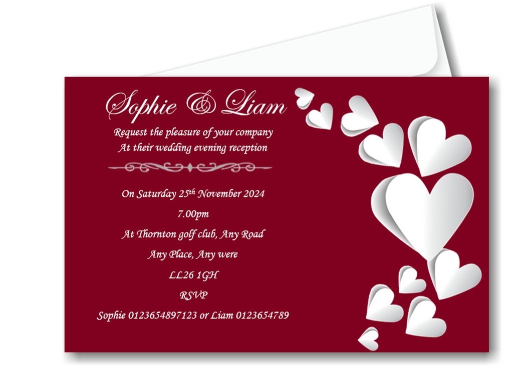Stunning Deep Red With Hearts On Wedding Evening Invitation Ref WE70